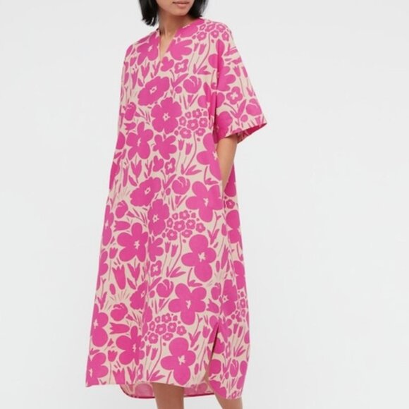 Marimekko x  Uniqlo Floral Short Sleeve V-Neck Tent Linen Dress Pockets Midi - Picture 1 of 10